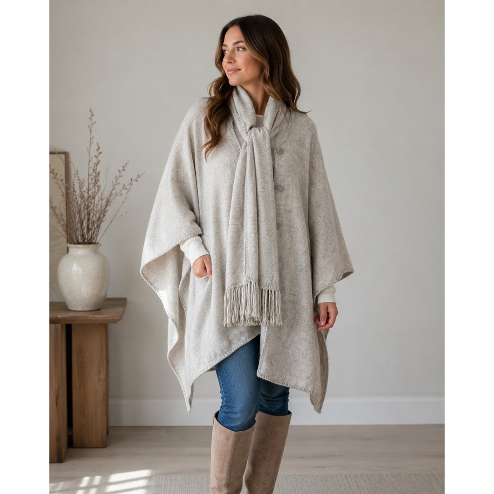 VTG Handmade Alpaca Wool Button Front Poncho with Scarf Grey Peru One Size